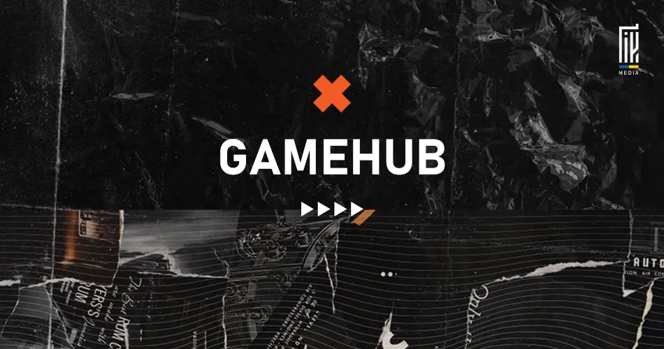 Банер із темним абстрактним фоном, на якому виділяється назва "GAMEHUB" великими білими літерами, поруч з оранжевою іконкою, що нагадує хрестик, та логотипом UAGEEK.MEDIA в правому верхньому кутку.