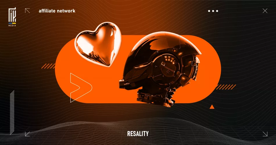 Банер із зображенням шолома та серця на фоні бренду Resality — affiliate-смартлінк платформи.