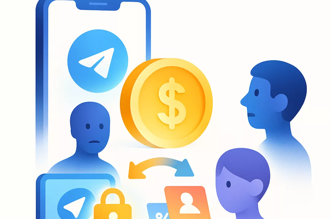 Смартфон із логотипом Telegram та монетою $1 як символ платної реєстрації