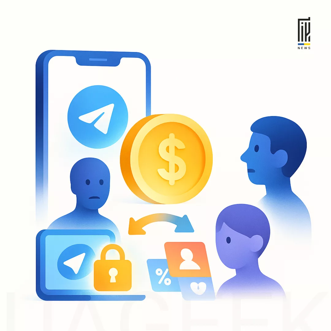 Смартфон із логотипом Telegram та монетою $1 як символ платної реєстрації