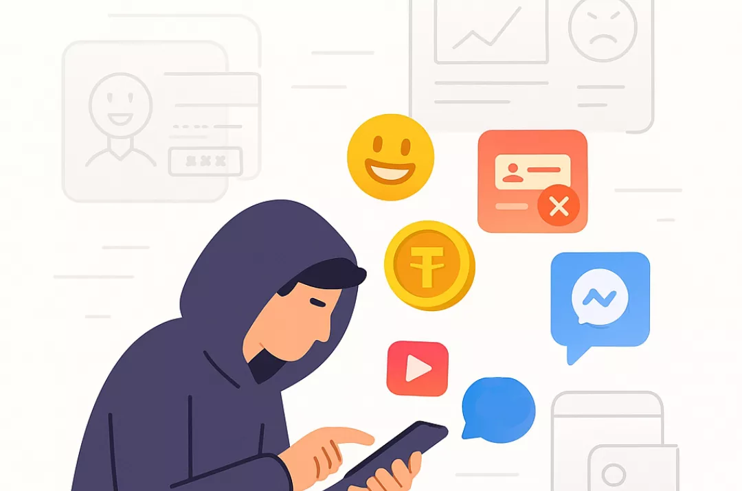 Графіка зі смартфоном, мемами та криптовалютним графіком — концепт сірого трафіку у 2025
