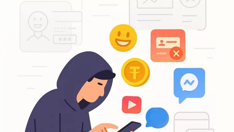 Графіка зі смартфоном, мемами та криптовалютним графіком — концепт сірого трафіку у 2025