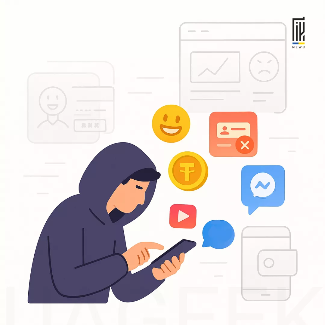 Графіка зі смартфоном, мемами та криптовалютним графіком — концепт сірого трафіку у 2025