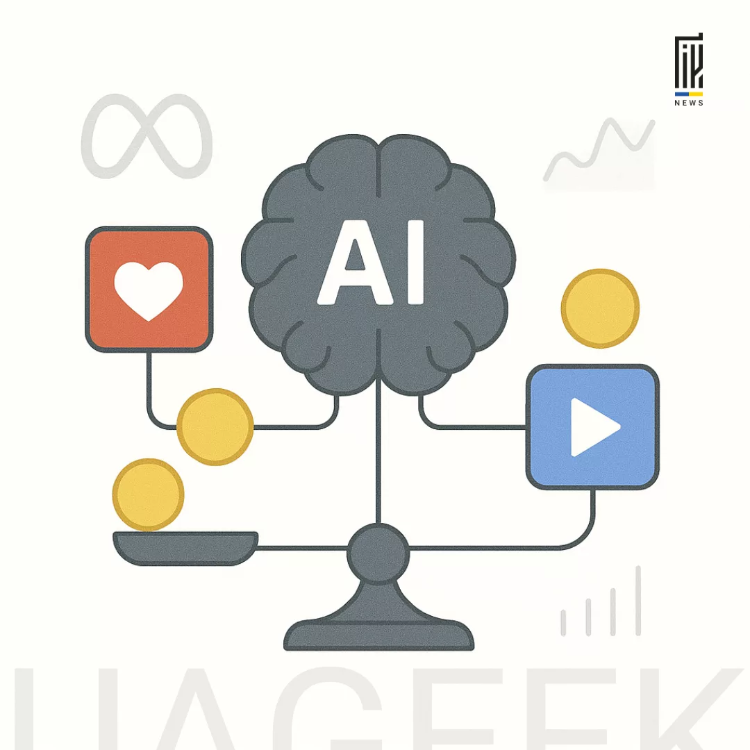 Мінімалістична ілюстрація з логотипом Meta, штучним інтелектом та мобільним додатком, що символізує оптимізацію реклами за цінністю користувача.