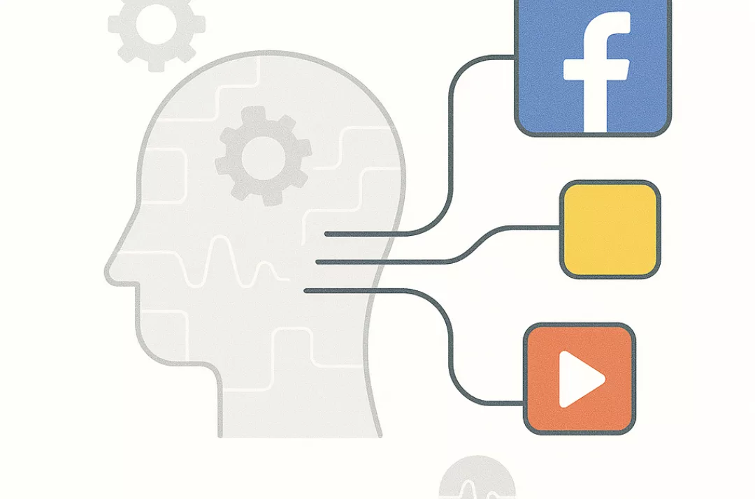 Мінімалістична ілюстрація з Facebook-логотипом, нейронною мережею та поведінковими патернами, що символізує аналітику алгоритмів Meta.