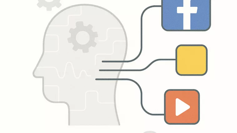 Мінімалістична ілюстрація з Facebook-логотипом, нейронною мережею та поведінковими патернами, що символізує аналітику алгоритмів Meta.