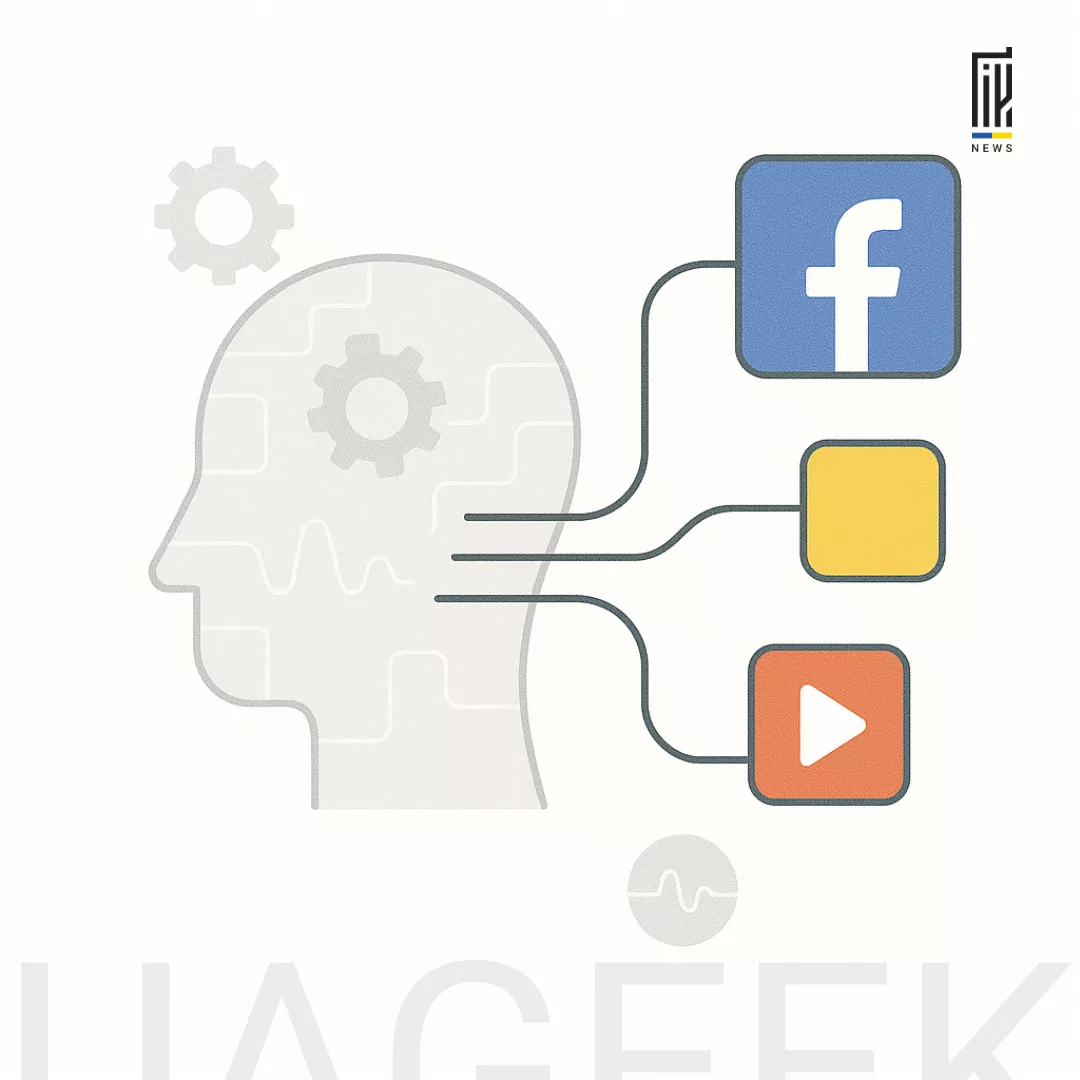 Мінімалістична ілюстрація з Facebook-логотипом, нейронною мережею та поведінковими патернами, що символізує аналітику алгоритмів Meta.