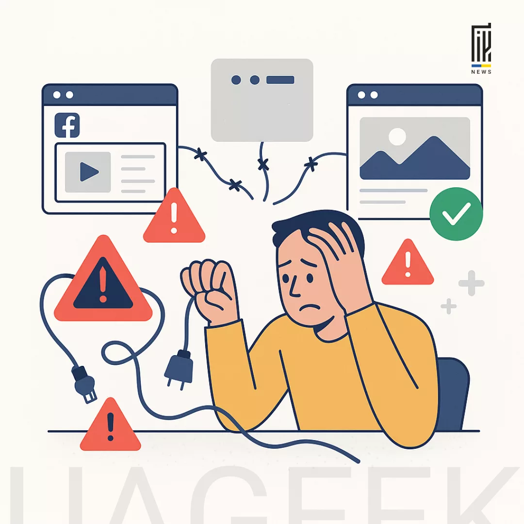 Мінімалістична ілюстрація з екранами Facebook Ads, червоним знаком “Rejected” і зеленим галочним чекером — символ системної модерації.