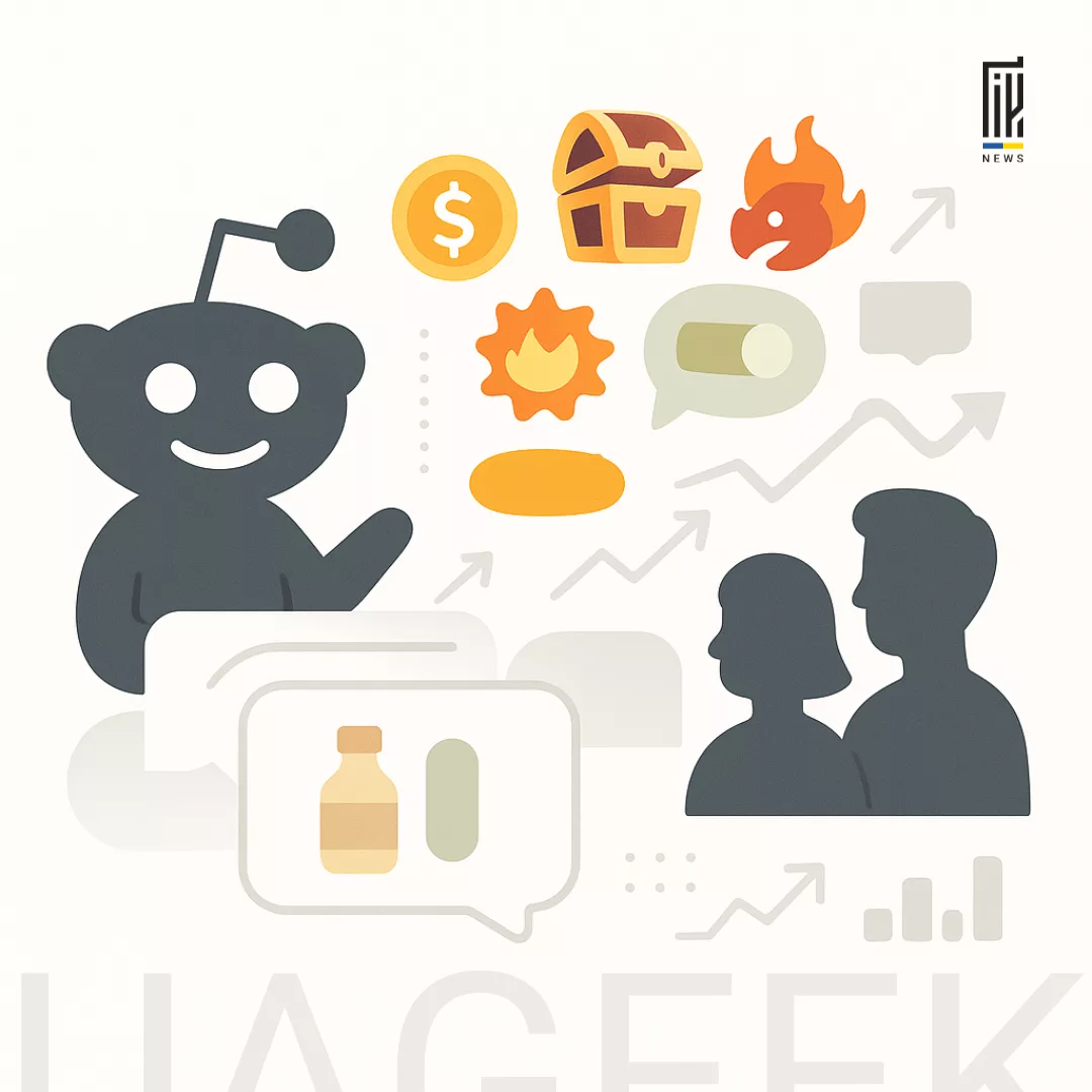Ілюстрація Reddit-реклами з іконками монет, UGC-контенту та нативних оголошень для гембли й нутри на платформі.