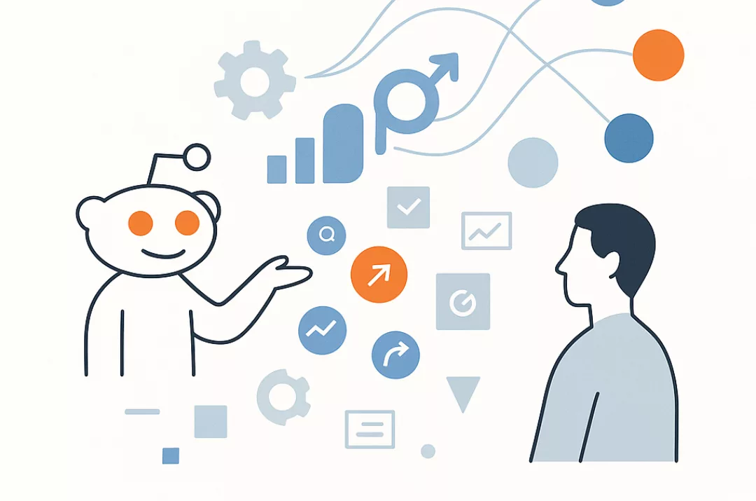 Ілюстрація AI-таргетингу Reddit з іконками алгоритмів, аудиторій та оптимізації рекламних кампаній.