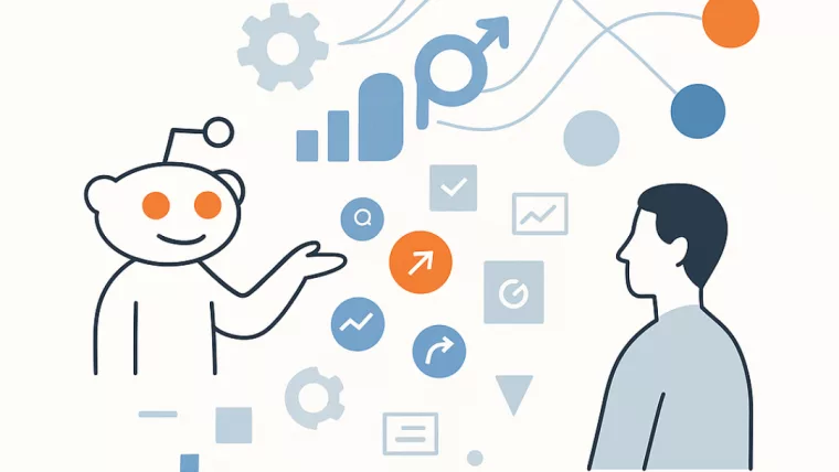 Ілюстрація AI-таргетингу Reddit з іконками алгоритмів, аудиторій та оптимізації рекламних кампаній.