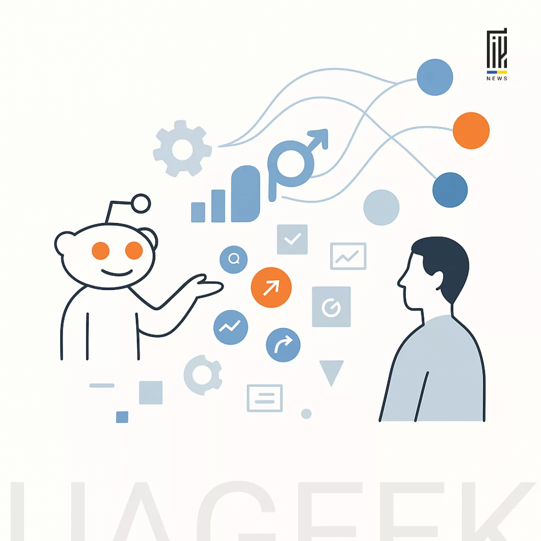 Ілюстрація AI-таргетингу Reddit з іконками алгоритмів, аудиторій та оптимізації рекламних кампаній.