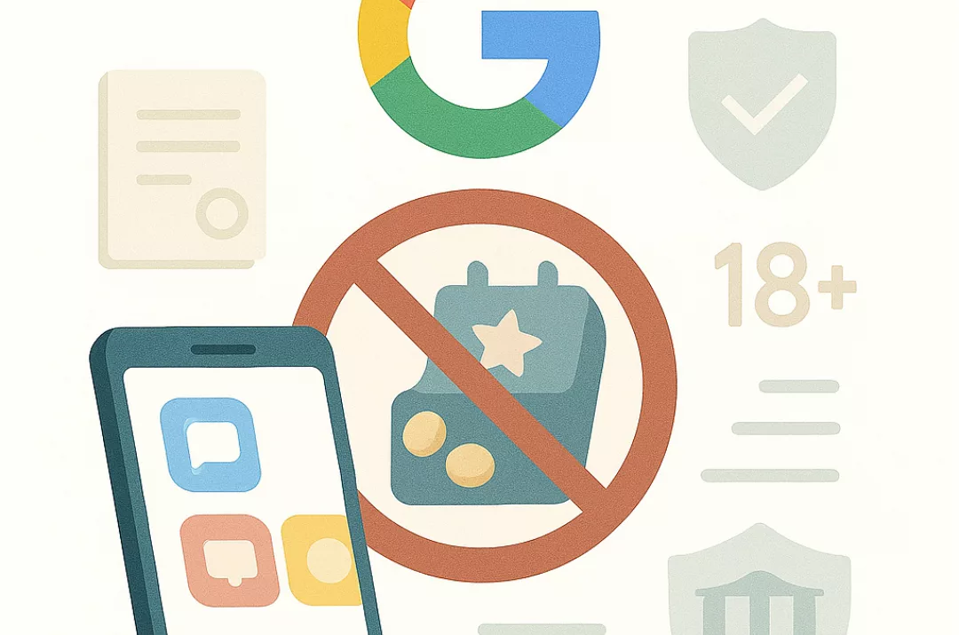Мінімалістична ілюстрація з логотипом Google Ads і перекресленим символом “social casino”, що символізує заборону свіпстейків.