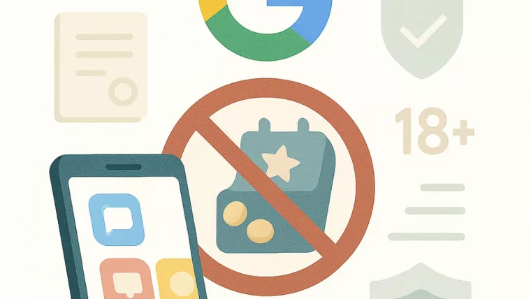 Мінімалістична ілюстрація з логотипом Google Ads і перекресленим символом “social casino”, що символізує заборону свіпстейків.