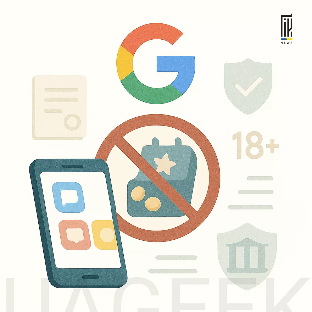Мінімалістична ілюстрація з логотипом Google Ads і перекресленим символом “social casino”, що символізує заборону свіпстейків.
