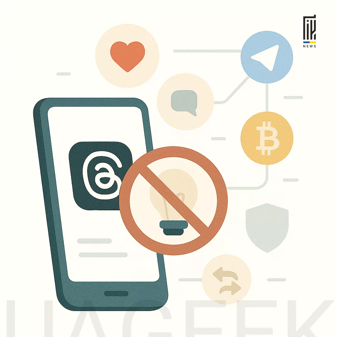 Мінімалістична ілюстрація Threads-додатка з логотипом Meta, де росте графік органічного трафіку — символ шансів для UBT-вертикалей.
